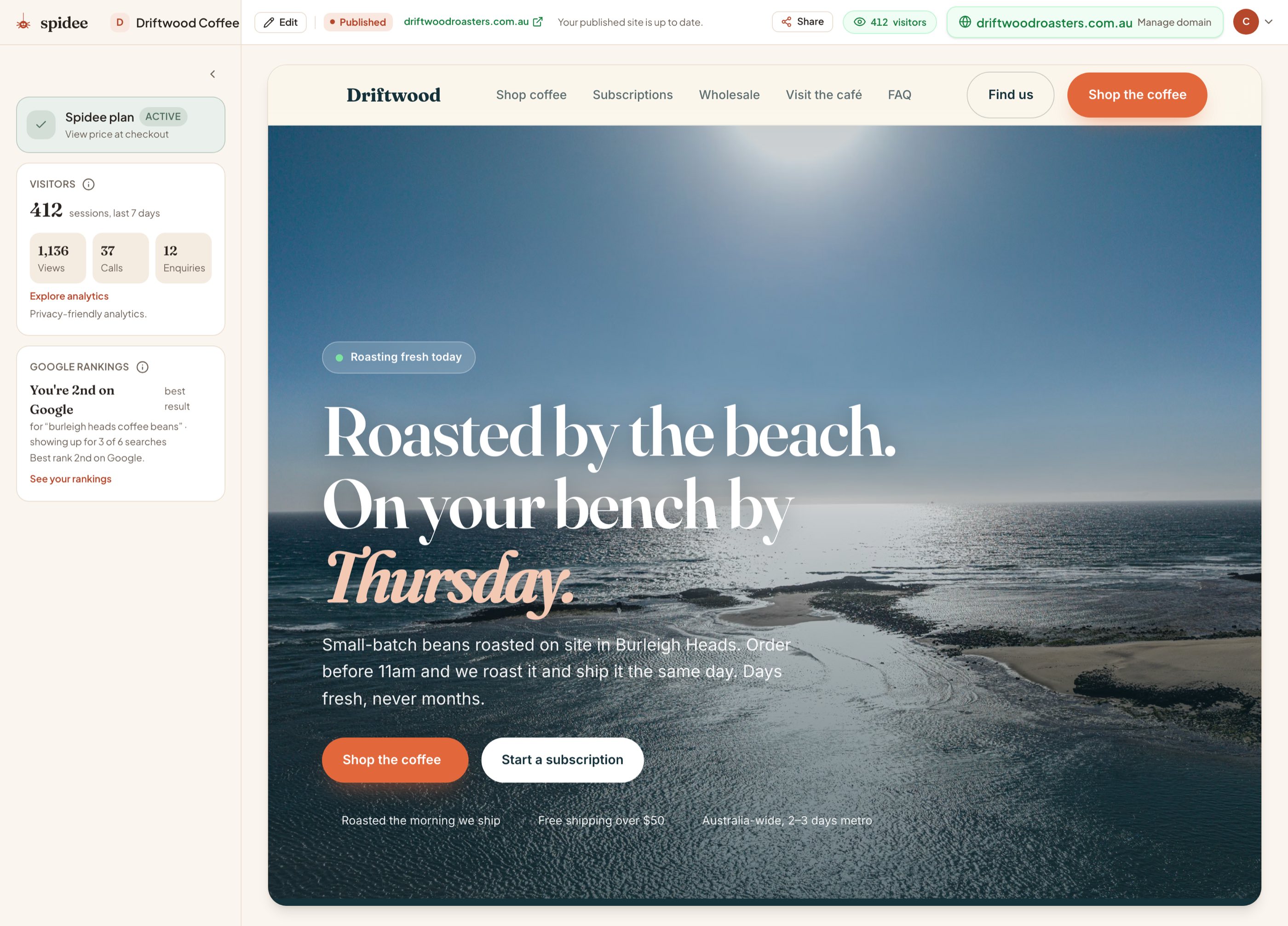 Inside spidee: a finished site for a Gold Coast coffee roaster, live on its own web address, with the visitors it drew this week and where it ranks on Google, all on one screen you can edit.