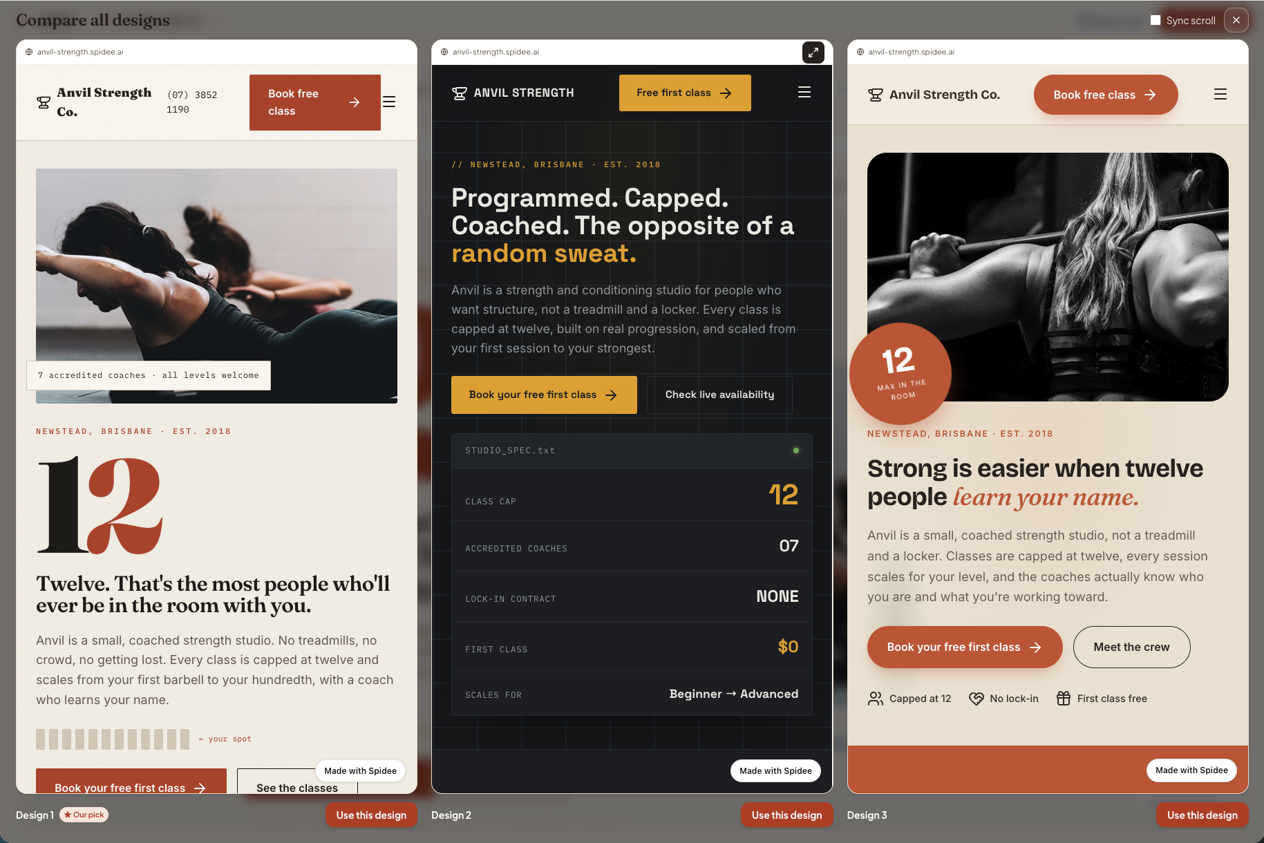 The spidee app comparing three real website designs for Anvil Strength side by side, one marked Our pick