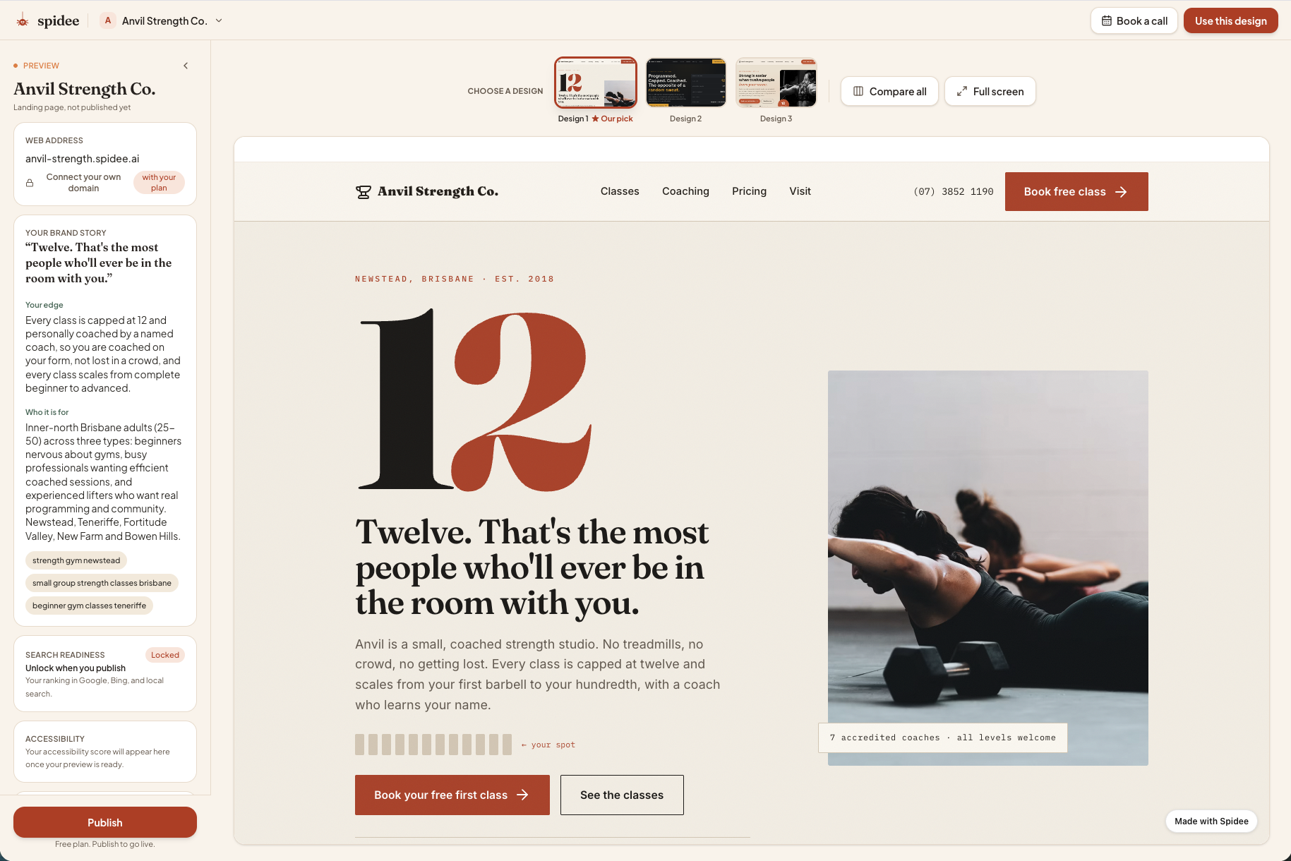 The chosen Anvil Strength design open in the spidee dashboard, with the design picker and site panel